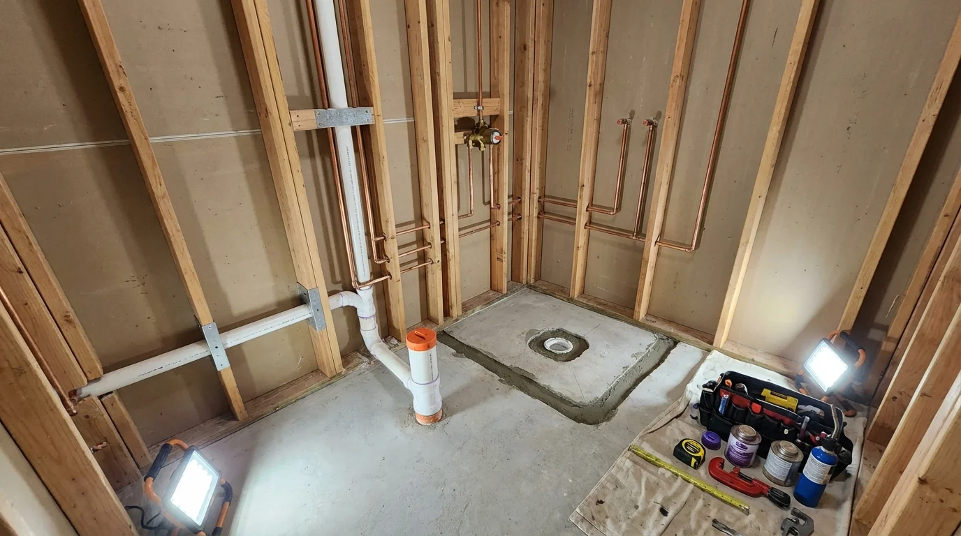 Bathroom rough-in plumbing during remodel by Johns Plumbing LLC in Belleville