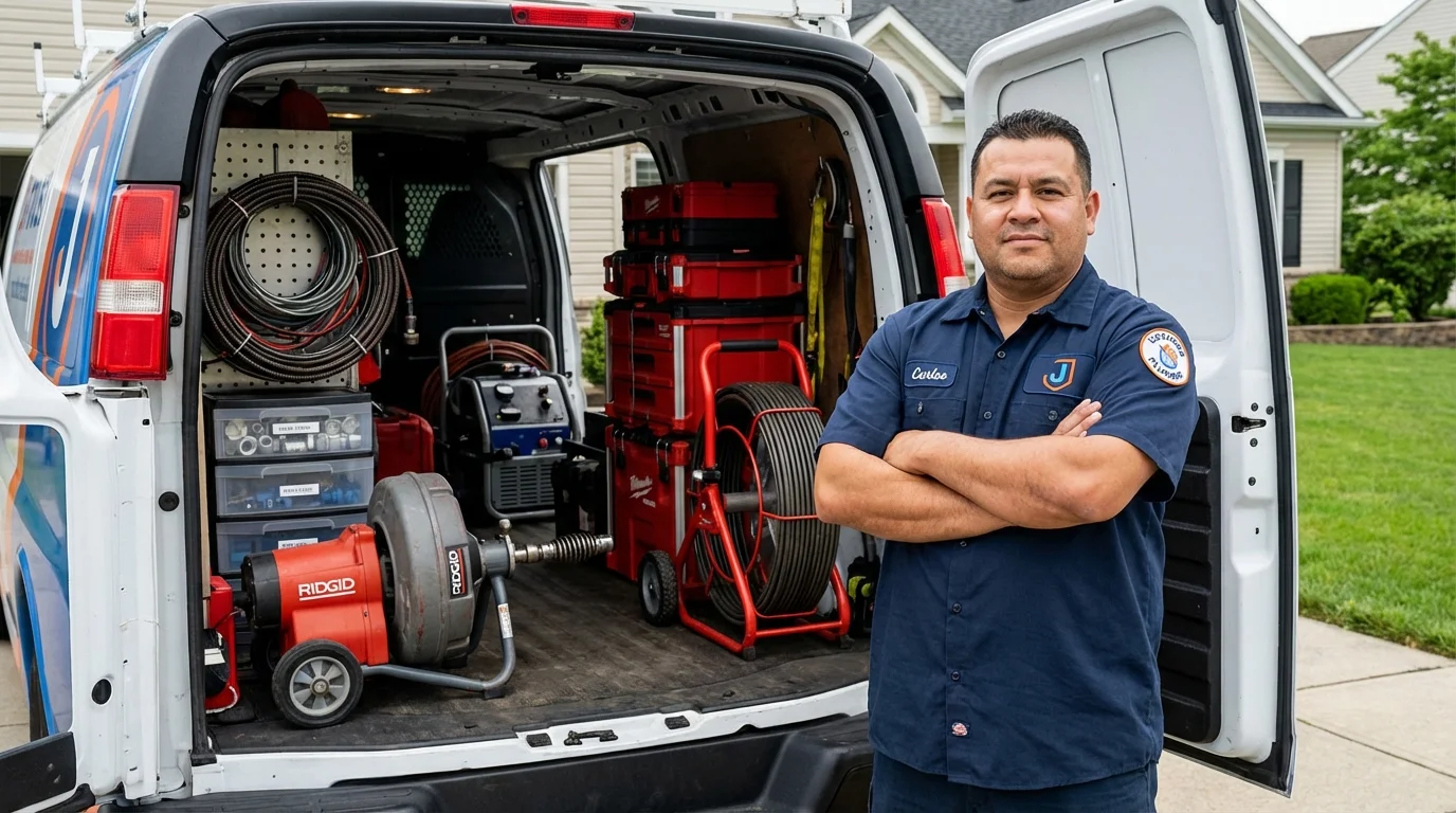 Professional drain cleaning equipment and Johns Plumbing LLC plumber in Belleville