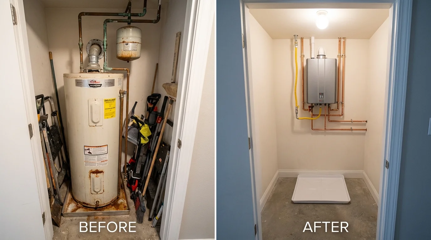 Tank water heater versus wall-mounted tankless unit comparison for Belleville, KS homeowners