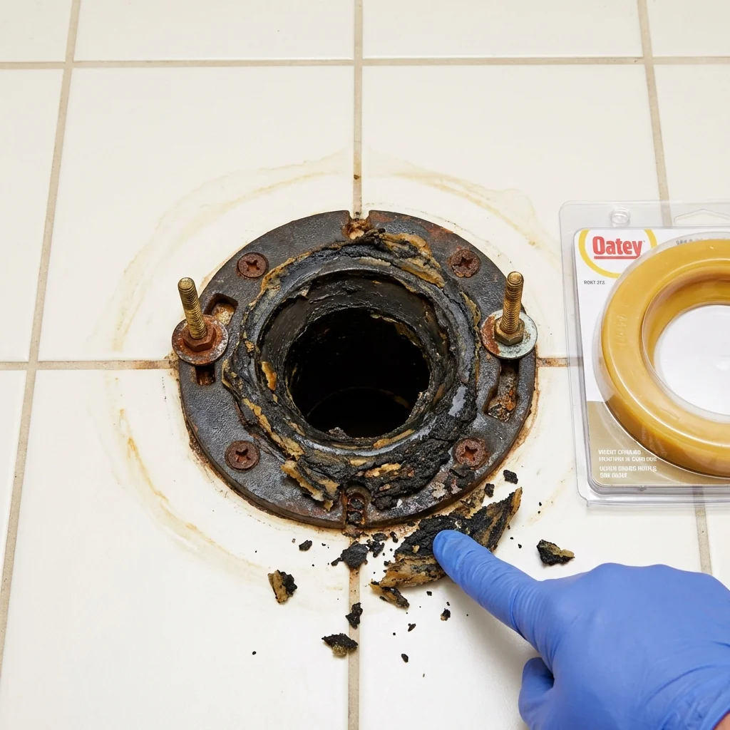 Failed wax ring showing water seepage at the base of a toilet in a Belleville, KS home
